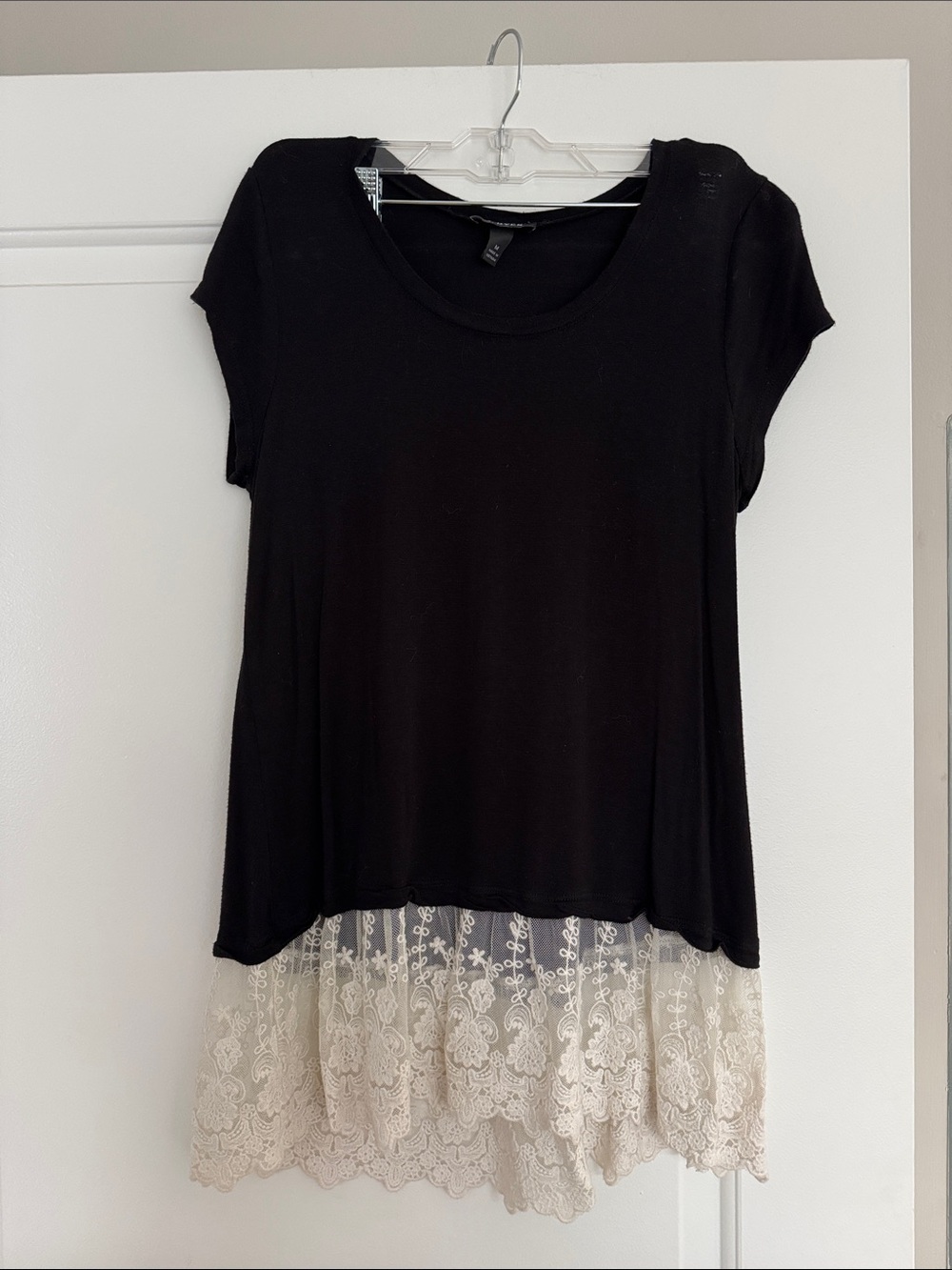 A. Byer Black Short-Sleeve Top with Cream Lace Hem